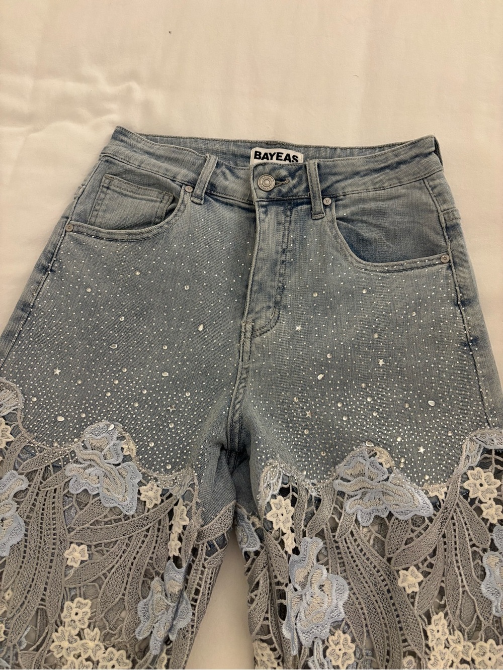 ✨ BAYEAS High Rise Rhinestone Lace Wide Leg Jeans - 27 - Picture 6 of 16